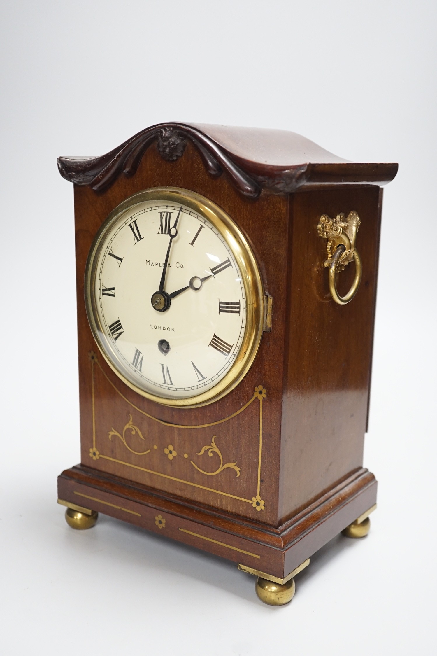 A brass strung mahogany mantel clock, dial signed Maple & Co, London, 28cm